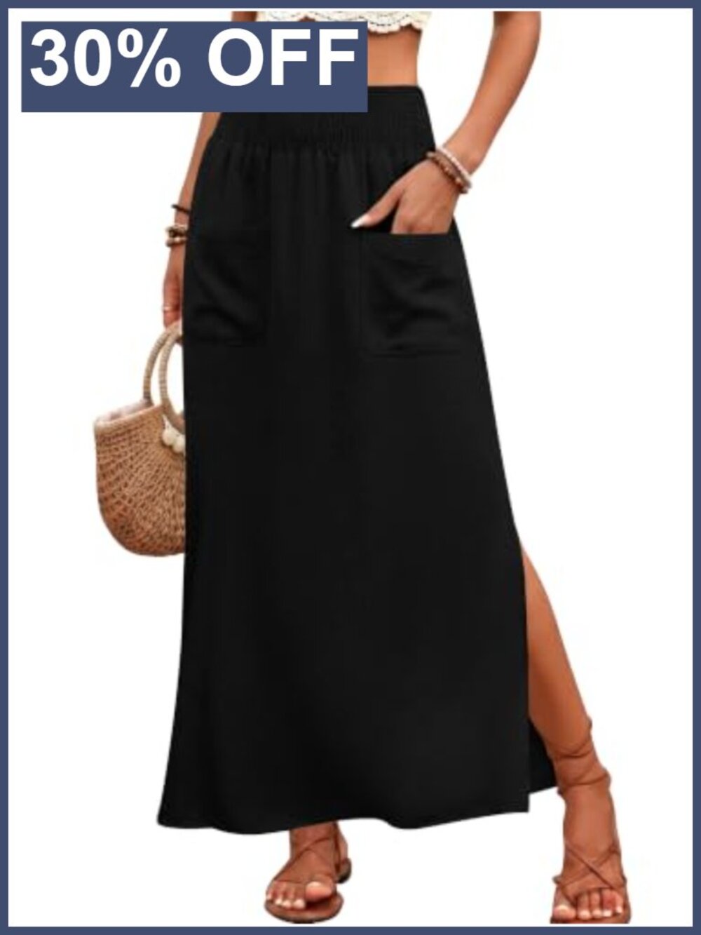 Linen Maxi Skirt High Waist Side Slit Flowy Long Skirt Pockets